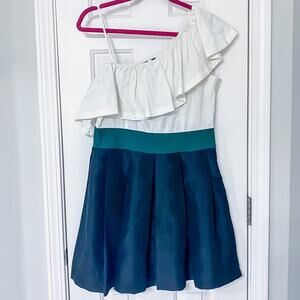 RYU • Green | Cream | Black One Shoulder Ruffle Cocktail Dress